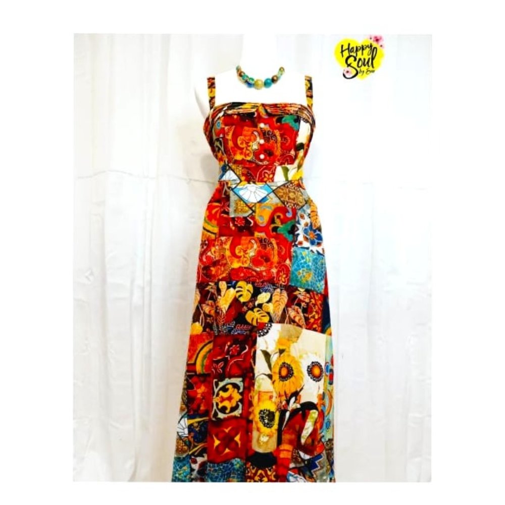 Majolica Style Italian Patchwork Sun flower Long Maxi Dress